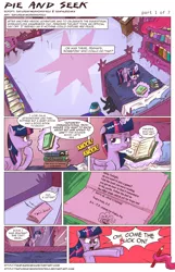 Size: 1010x1568 | Tagged: safe, artist:saturdaymorningproj, derpibooru import, pinkie pie, twilight sparkle, twilight sparkle (alicorn), alicorn, pony, comic:pie and seek, bed, book, comic, dexter's laboratory, female, mare, meme, trollface