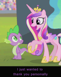 Size: 570x715 | Tagged: animated, caption, captioned, cropped, crowd, derpibooru import, dialogue, edit, equestria games, equestria games (episode), eyes closed, kneeling, praise, princess cadance, princess celestia, safe, screencap, spike, stadium, tail, tail pull, text