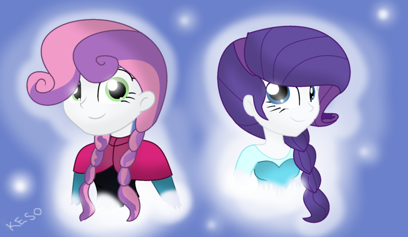 Size: 1952x1138 | Tagged: safe, artist:kasi-ona, derpibooru import, rarity, sweetie belle, equestria girls, anna, elsa, frozen (movie), princess anna belle, queen elsarity