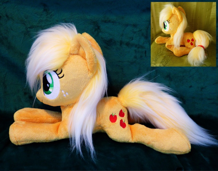 Size: 4408x3456 | Tagged: applejack, artist:epicrainbowcrafts, beanie (plushie), derpibooru import, hatless, irl, missing accessory, photo, plushie, prone, safe, solo