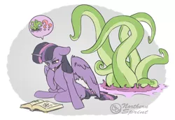 Size: 1280x883 | Tagged: suggestive, artist:northernsprint, derpibooru import, twilight sparkle, twilight sparkle (alicorn), alicorn, pony, book, female, i've seen enough hentai to know where this is going, imminent rape, imminent sex, implied rape, mare, question mark, solo, tentacles, this will end in tears