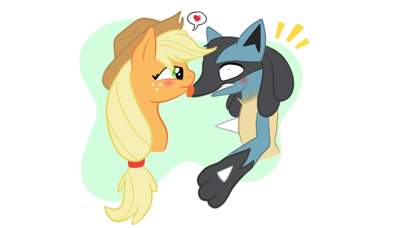 Size: 1024x575 | Tagged: safe, artist:xylaofspades, derpibooru import, applejack, lucario, crossover, licking, pokémon, tongue out