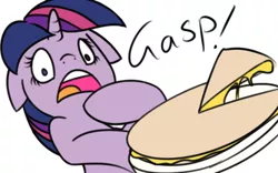 Size: 400x250 | Tagged: safe, artist:ethaes, derpibooru import, twilight sparkle, twilight sparkle (alicorn), alicorn, pony, party pooped, female, food, gasp, mare, quesadilla, solo, that was fast, they're just so cheesy