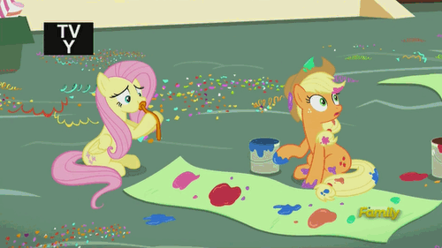 Size: 500x281 | Tagged: safe, derpibooru import, screencap, applejack, fluttershy, earth pony, pegasus, pony, party pooped, animated, applejack's hat, balloon, banner, blowing, blowing up balloons, confetti, cowboy hat, cute, discovery family, discovery family logo, female, frown, hat, inflating, jackabetes, mare, messy, paint, paint in hair, paint on fur, puffy cheeks, red face, shyabetes, sitting, sweat, talking, wide eyes