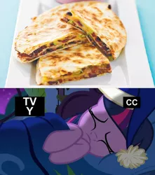 Size: 696x787 | Tagged: alicorn, bed, derpibooru import, food, nightmare, party pooped, power ponies (episode), quesadilla, safe, screencap, sleeping, they're just so cheesy, twilight sparkle, twilight sparkle (alicorn)