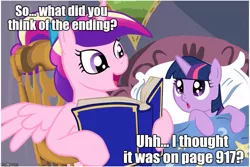 Size: 749x500 | Tagged: safe, deleted from derpibooru, derpibooru import, princess cadance, twilight sparkle, alicorn, pony, unicorn, bedtime story, book, cadance's bedtime stories, caption, duo, exploitable meme, image macro, looking up, meme, steven universe, text, younger