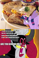 Size: 649x960 | Tagged: safe, derpibooru import, screencap, lord tirek, twilight sparkle, twilight sparkle (alicorn), alicorn, pony, party pooped, twilight's kingdom, big crown thingy, caption, element of magic, female, food, image macro, jewelry, mare, meme, nose piercing, nose ring, piercing, quesadilla, regalia, text, they're just so cheesy