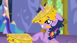 Size: 640x359 | Tagged: safe, derpibooru import, edit, screencap, twilight sparkle, twilight sparkle (alicorn), alicorn, pony, castle sweet castle, party pooped, crossing the memes, female, food, horn, horn impalement, i'm pancake, mare, meme, messy mane, quesadilla, they're just so cheesy