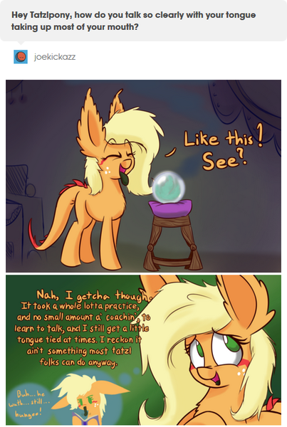 Size: 500x744 | Tagged: safe, artist:heir-of-rick, derpibooru import, applejack, monster pony, original species, tatzlpony, miss pie's monsters, ask, book, comic, cute, dialogue, reading, species swap, speech impediment, tatzlbetes, tatzljack, tentacle tongue, tentacles, tongue out, tumblr