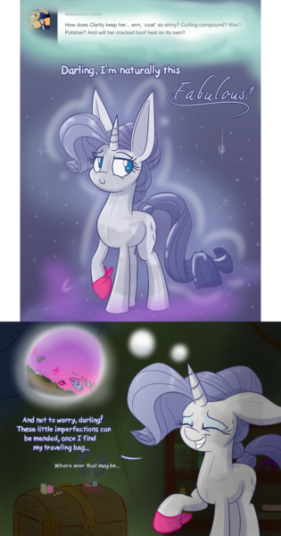 Size: 1050x2000 | Tagged: safe, artist:heir-of-rick, derpibooru import, rarity, crystal pony, golem, pony, miss pie's monsters, ask, chest, clarity, comic, dialogue, fabulous, handkerchief, species swap, thought bubble, tumblr