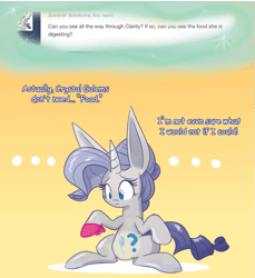 Size: 861x940 | Tagged: safe, artist:heir-of-rick, derpibooru import, rarity, crystal pony, golem, pony, miss pie's monsters, animated, ask, clarity, food, handkerchief, species swap, tumblr