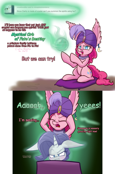 Size: 1280x1929 | Tagged: safe, artist:heir-of-rick, derpibooru import, pinkie pie, rarity, crystal pony, golem, pony, miss pie's monsters, angry, clarity, comic, crystal ball, dialogue, fortune teller, rarity is not amused, species swap, squishy cheeks, turban, unamused