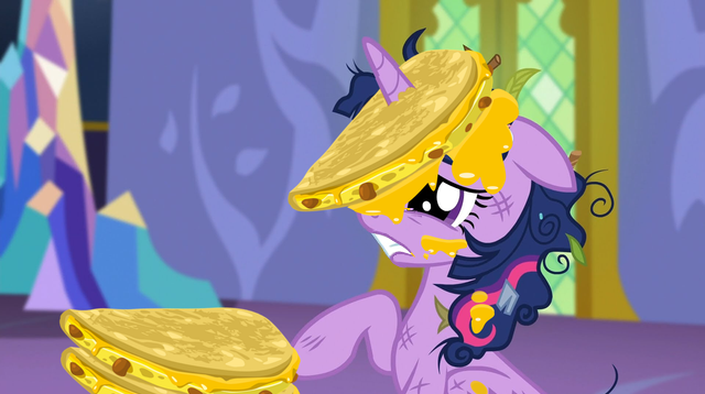 Size: 640x358 | Tagged: safe, derpibooru import, edit, edited edit, screencap, twilight sparkle, twilight sparkle (alicorn), alicorn, pony, castle sweet castle, party pooped, crossing the memes, female, food, horn, horn impalement, i'm pancake, inverted mouth, mare, meme, messy mane, quesadilla, solo, they're just so cheesy