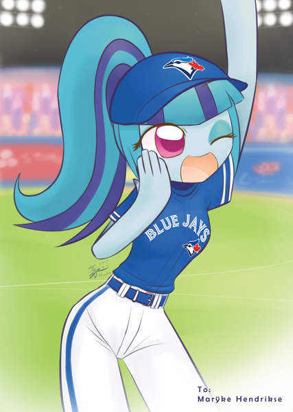 Size: 717x1008 | Tagged: safe, artist:howxu, derpibooru import, sonata dusk, equestria girls, baseball, canada, cute, marÿke hendrikse, mlb, solo, sonatabetes, sports, toronto, toronto blue jays