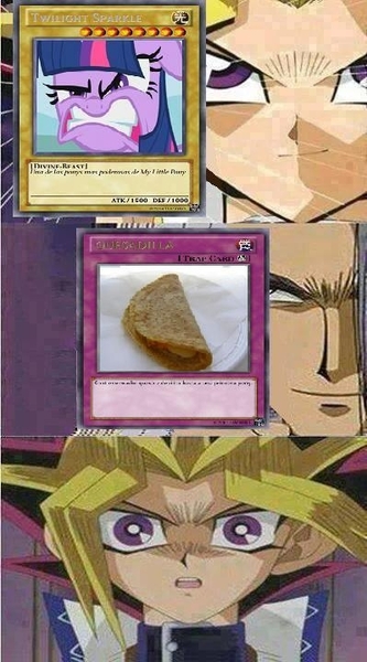 Size: 399x720 | Tagged: anime, derpibooru import, food, maximillion pegasus, meme, party pooped, quesadilla, safe, they're just so cheesy, trap card, twilight sparkle, yami yugi, yu-gi-oh!