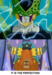 Size: 574x822 | Tagged: anime, caption, cell, cell (dbz), derpibooru import, dragon ball z, edit, edited screencap, meme, obligatory pony, party pooped, perfect cell, prince rutherford, safe, screencap, yak