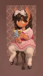 Size: 2300x4082 | Tagged: clothes, derpibooru import, doll, dress, oc, oc:maría teresa de los ponyos paguetti, safe, sitting, solo, toy, unofficial characters only, upset, ya es hora, /yeh/