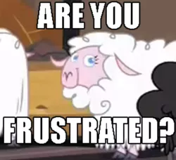 Size: 300x273 | Tagged: safe, derpibooru import, edit, screencap, sheep, party pooped, 1000 years in photoshop, are you frustrated?, black sheep, caption, cropped, ewe, female, image macro, impact font, looking at you, meme, needs more jpeg, problem, reaction image, smiling, solo focus, :t, text, trollface, trolling, you mad?