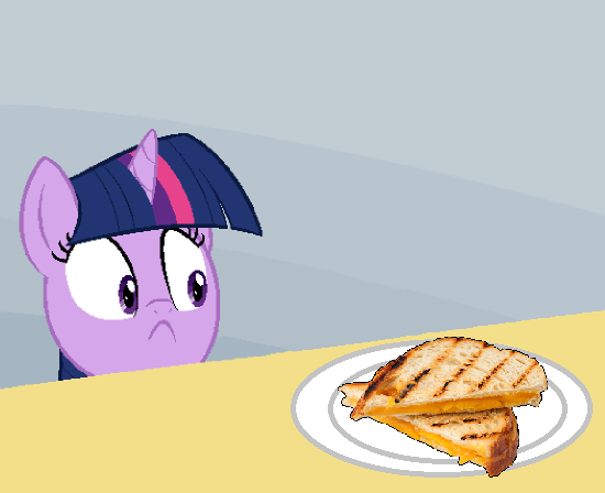 Size: 550x448 | Tagged: cheese, derpibooru import, edit, exploitable meme, food, frown, grilled cheese, inverted mouth, meme, party pooped, safe, sandwich, solo, spilled milk, they're just so cheesy, twilight sparkle