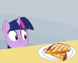 Size: 550x448 | Tagged: cheese, derpibooru import, edit, exploitable meme, food, frown, grilled cheese, inverted mouth, meme, party pooped, safe, sandwich, solo, spilled milk, they're just so cheesy, twilight sparkle