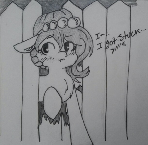 Size: 2256x2216 | Tagged: safe, artist:lost-derpy-hooves, derpibooru import, oc, oc:brownie bun, unofficial characters only, earth pony, pony, >///<, blushing, chest fluff, cute, dialogue, ear fluff, female, fence, floppy ears, grayscale, mare, monochrome, raised hoof, scrunchy face, solo, stuck, traditional art