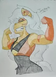 Size: 1440x1952 | Tagged: safe, artist:spark-theory, derpibooru import, ponified, anthro, pony, armpits, flexing, jasper (steven universe), solo, steven universe, traditional art