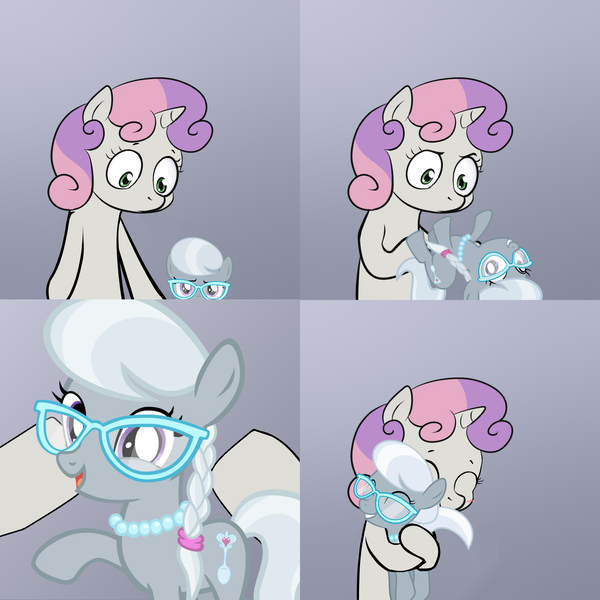 Size: 2000x2000 | Tagged: cute, derpibooru import, exploitable meme, female, hug, lesbian, meme, obligatory pony, safe, shipping, silverbelle, silverbetes, silver spoon, size difference, sweetie belle, sweetie's note meme