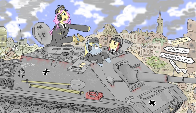 Size: 2000x1150 | Tagged: safe, artist:colorcopycenter, derpibooru import, derpy hooves, fluttershy, pony, bipedal, germany, jagdpanther, ruins, smoke, tank (vehicle), war, world war ii