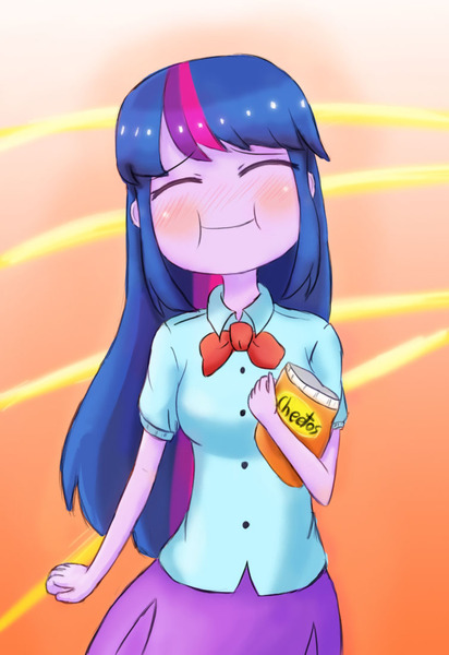 Size: 754x1098 | Tagged: safe, artist:jumboz95, derpibooru import, twilight sparkle, equestria girls, cheese, cheetos, dangerously cheesy, food, solo, they're just so cheesy, this will not end well