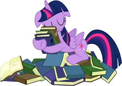 Size: 6000x4228 | Tagged: safe, artist:slb94, derpibooru import, twilight sparkle, twilight sparkle (alicorn), alicorn, pony, princess spike (episode), absurd resolution, adorkable, book, book nest, cute, dork, eyes closed, female, floppy ears, hug, mare, princess sleeping on books, simple background, sleeping, solo, that pony sure does love books, tired, tired twilight, transparent background, twiabetes, vector