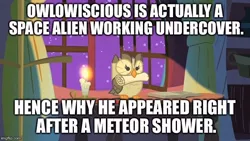 Size: 640x360 | Tagged: alien, candle, caption, derpibooru import, edit, edited screencap, headcanon, image macro, insane fan theory, meme, mouth hold, owlowiscious, owl's well that ends well, safe, screencap, scroll, solo, text