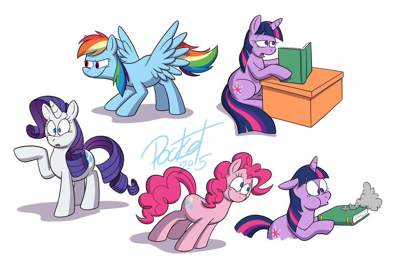 Size: 1238x825 | Tagged: safe, artist:octanbearcat, derpibooru import, pinkie pie, rainbow dash, rarity, twilight sparkle, twilight sparkle (alicorn), alicorn, pony, book, female, mare