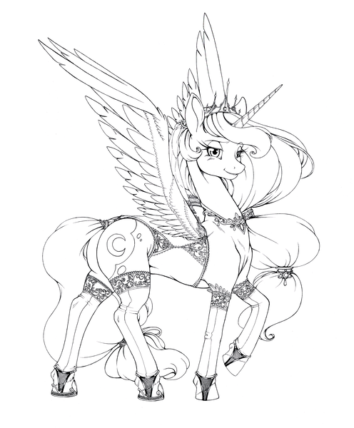 Size: 3878x4693 | Tagged: alicorn, artist:longinius, bedroom eyes, butt, clothes, corset, crown, derpibooru import, female, fluffy, garter belt, grayscale, jewelry, lingerie, looking at you, monochrome, moonbutt, plot, princess luna, raised hoof, regalia, series:rarity's secret, smiling, solo, solo female, spread wings, stockings, suggestive, tail wrap, thigh highs, wings