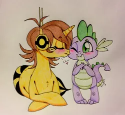 Size: 2556x2365 | Tagged: safe, artist:ameliacostanza, derpibooru import, spike, ponified, dragon, insect, pony, unicorn, wasp, avengers, avengers: earth's mightiest heroes, blushing, crossover, crossover shipping, janet van dyne, kiss on the cheek, kissing, marvel, shipping, spikelove, spikexwasp, traditional art