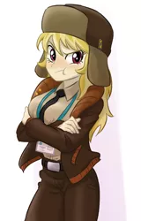 Size: 640x1000 | Tagged: safe, artist:ta-na, derpibooru import, march gustysnows, equestria girls, princess spike (episode), blushing, breasts, busty march gustysnows, clothes, equestria girls-ified, female, hat, pants, scrunchy face, solo, tsundere, ushanka