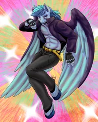 Size: 2277x2829 | Tagged: anthro, anthro oc, artist:aphexangel, bare chest, clothes, crossover, derpibooru import, jojo's bizarre adventure, oc, oc:umami stale, partial nudity, pegasus, safe, topless, unguligrade anthro