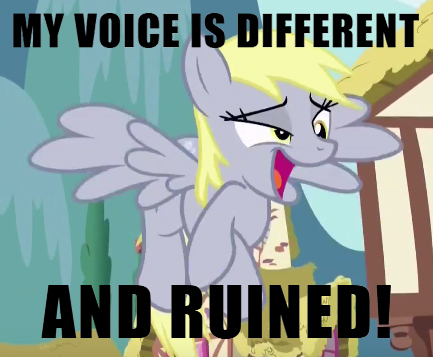 Size: 433x357 | Tagged: safe, derpibooru import, edit, edited screencap, screencap, derpy hooves, pegasus, pony, slice of life (episode), a niggoslav and friends production, bronybait, caption, crossed hooves, drama, drama bait, faic, female, image macro, mare, meme, my voice is different, niggoslav krawczyk, niggoslav strikes again, poe's law, ruined, text