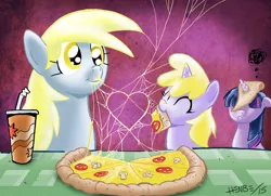 Size: 768x555 | Tagged: safe, artist:henbe, derpibooru import, derpy hooves, dinky hooves, twilight sparkle, twilight sparkle (alicorn), alicorn, pony, cheese, equestria's best mother, female, food, horn, horn impalement, i'm pancake, mare, pizza, they're just so cheesy