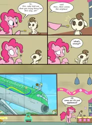 Size: 2000x2700 | Tagged: safe, artist:pandramodo, derpibooru import, derpy hooves, pinkie pie, pound cake, pegasus, pony, applejack's hat, applesauce, babysitting, comic, cowboy hat, dr. strangelove, exclamation point, feeding, female, foalsitter, food, hat, imminent death, interrobang, literal, major kong, mare, md-80, plane, question mark, spoon, this will end in death, this will end in tears, this will end in tears and/or death
