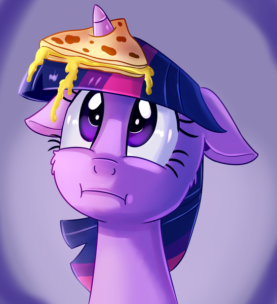 Size: 1823x2000 | Tagged: safe, artist:discorded, derpibooru import, twilight sparkle, pony, unicorn, party pooped, :i, female, floppy ears, food, horn, horn impalement, i'm pancake, mare, quesadilla, solo, they're just so cheesy