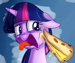 Size: 2000x1691 | Tagged: safe, artist:discorded, derpibooru import, twilight sparkle, pony, unicorn, party pooped, female, food, mare, open mouth, quesadilla, they're just so cheesy, tongue out