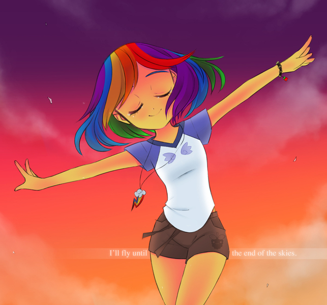 Size: 1200x1119 | Tagged: safe, artist:framboosi, derpibooru import, rainbow dash, human, tanks for the memories, cloud, crying, cute, dashabetes, eyes closed, female, humanized, i'll fly, sky, solo, sunset, tears of joy