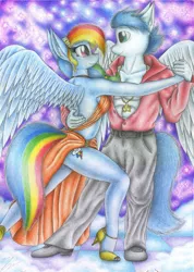 Size: 1280x1795 | Tagged: safe, artist:sinaherib, derpibooru import, rainbow dash, soarin', anthro, bare chest, breasts, cleavage, clothes, dancing, female, male, shipping, sideboob, soarindash, straight, tango, traditional art