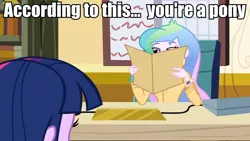 Size: 960x540 | Tagged: safe, derpibooru import, screencap, princess celestia, twilight sparkle, equestria girls, caption, celestia's folder, celestia's office, image macro, meme, principal celestia, text, you don't say