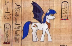 Size: 1000x643 | Tagged: safe, artist:karja, derpibooru import, oc, oc:bartoka, unofficial characters only, bat pony, pony, egyptian, female, glasses, hieroglyphics, painting, papyrus (literally), profile, solo
