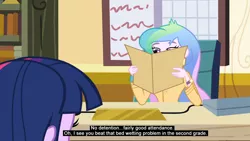 Size: 1366x768 | Tagged: safe, derpibooru import, edit, edited screencap, screencap, princess celestia, twilight sparkle, equestria girls, caption, celestia's folder, celestia's office, meme, principal celestia, the simpsons, youtube caption