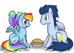 Size: 979x700 | Tagged: safe, artist:hahasauce, derpibooru import, rainbow dash, soarin', alternate hairstyle, backwards cutie mark, blushing, female, food, male, old cutie mark, pie, ponytail, shipping, soarindash, straight, that pony sure does love pies