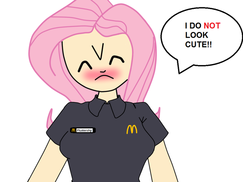 Size: 957x716 | Tagged: artist:7uprulez, blushing, clothes, derpibooru import, fast food, fluttershy, food, human, humanized, i'm not cute, mcdonald's, name tag, safe, shy, solo, truth, uniform, working