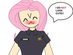 Size: 957x716 | Tagged: artist:7uprulez, blushing, clothes, derpibooru import, fast food, fluttershy, food, human, humanized, i'm not cute, mcdonald's, name tag, safe, shy, solo, truth, uniform, working