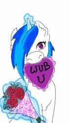 Size: 720x1280 | Tagged: artist:chipperpony, derpibooru import, flower, glowing horn, holiday, horn, magic, mouth hold, safe, simple background, telekinesis, valentine's day, vinyl scratch, white background, wub